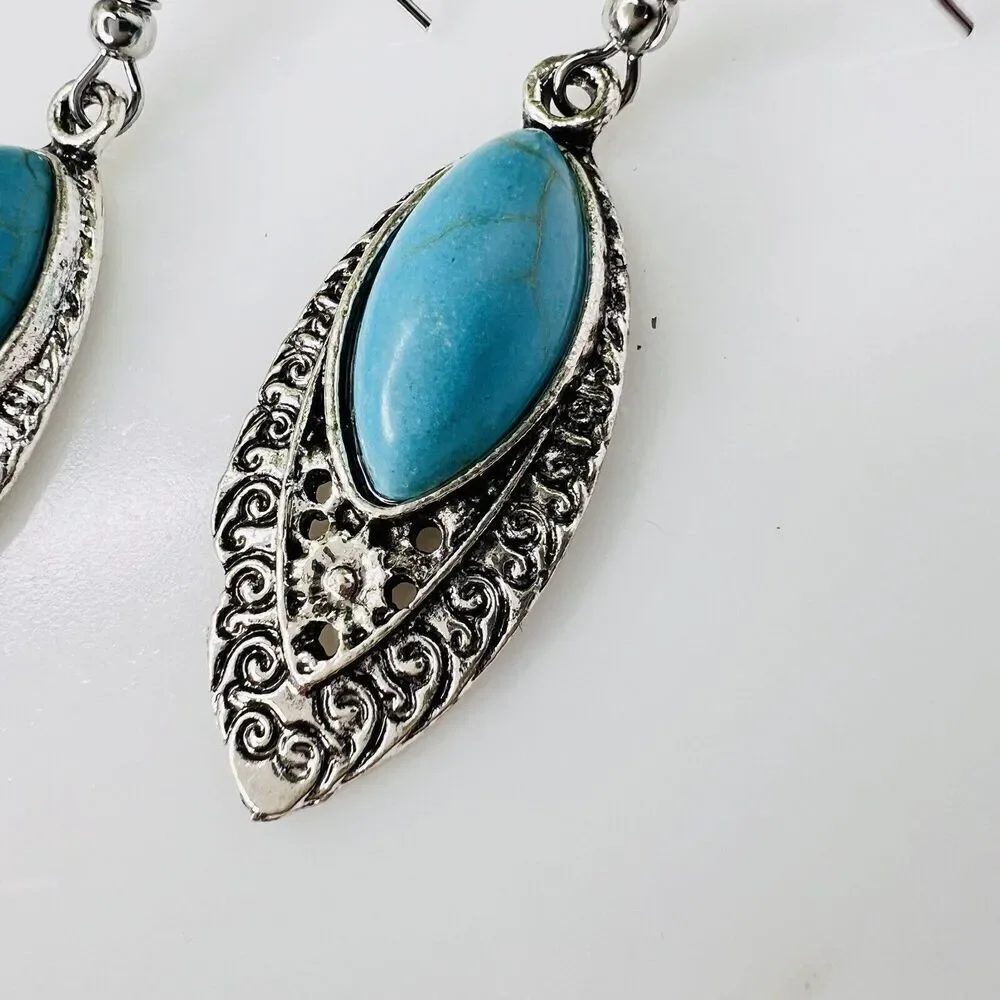 Teal Blue Faux Turquoise On Filigree Leaf  Silver Tine Dangle Drop Earrings